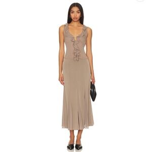 Lioness Taupe Ruffle Midi Dress